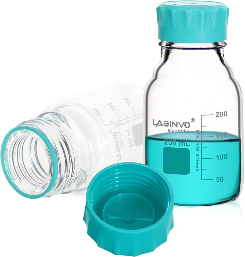 LINVO Glass Round Media Storage Bottles, 4pcs of Vol.250ml, 3.3 Borosilicate Glass Material, With GL45 Polypropylene Screw Cap in Aqua Blue Color, Type B Cap,IN-RB250A - Image 1